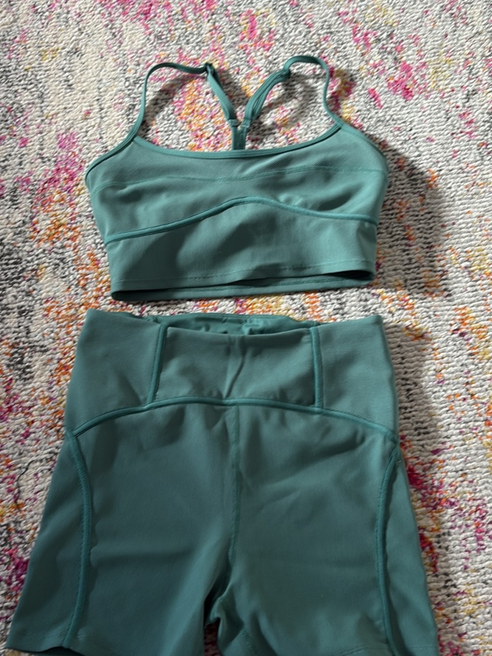 l*space Ribbed Teal Sports Bra Set with Gold Accent